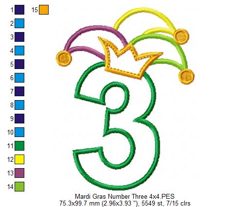 Mardi Gras Birthday Number 3 Three 3rd Birthday - Applique