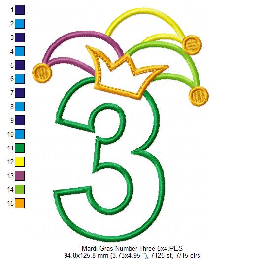 Mardi Gras Birthday Number 3 Three 3rd Birthday - Applique