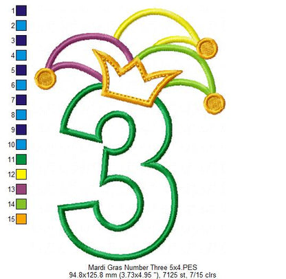 Mardi Gras Birthday Number 3 Three 3rd Birthday - Applique