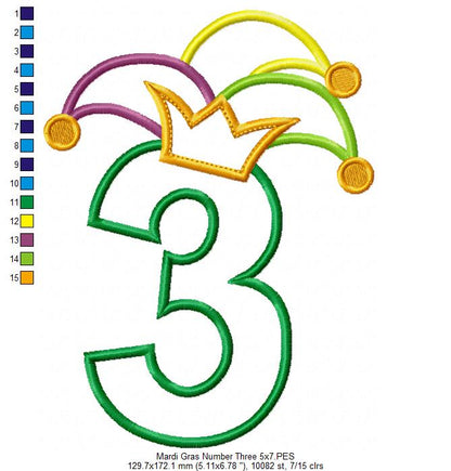 Mardi Gras Birthday Number 3 Three 3rd Birthday - Applique