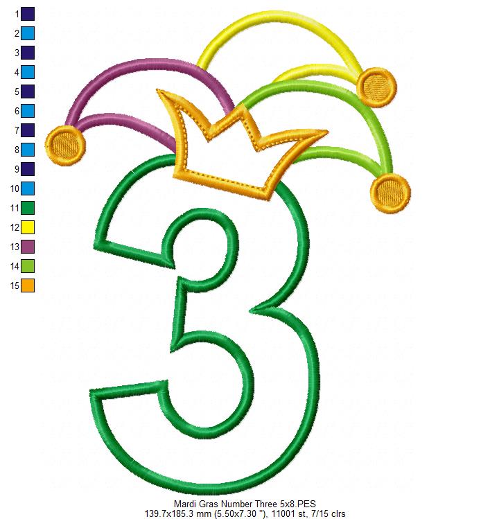 Mardi Gras Birthday Number 3 Three 3rd Birthday - Applique