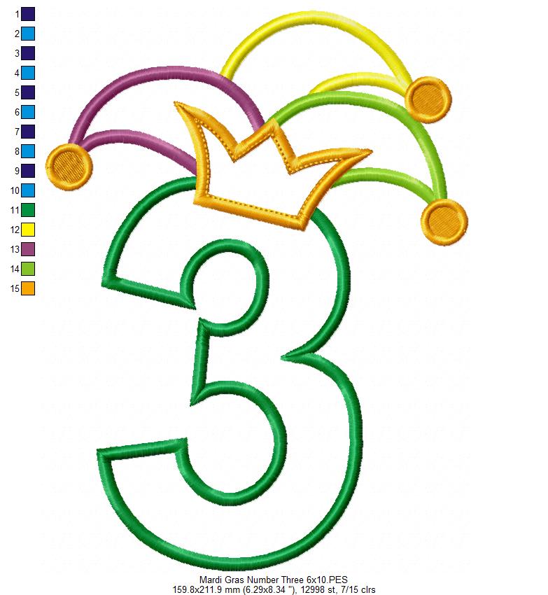 Mardi Gras Birthday Number 3 Three 3rd Birthday - Applique