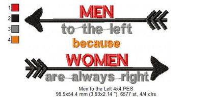 Funny Men to the Left Women Right – Satin Stitch - Machine Embroidery Design