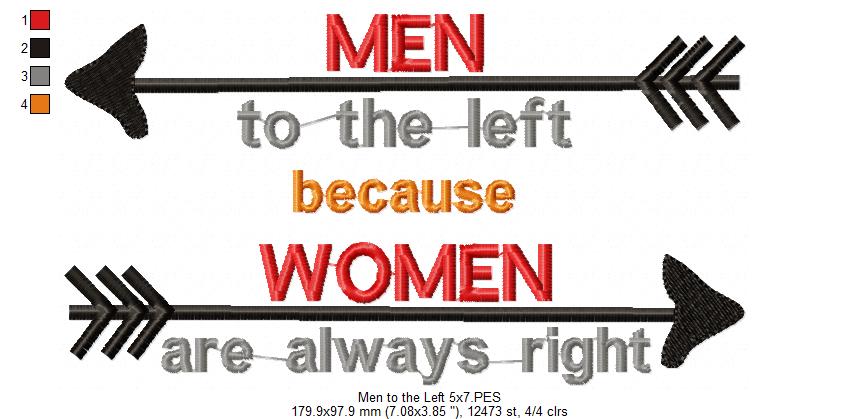 Funny Men to the Left Women Right – Satin Stitch - Machine Embroidery Design