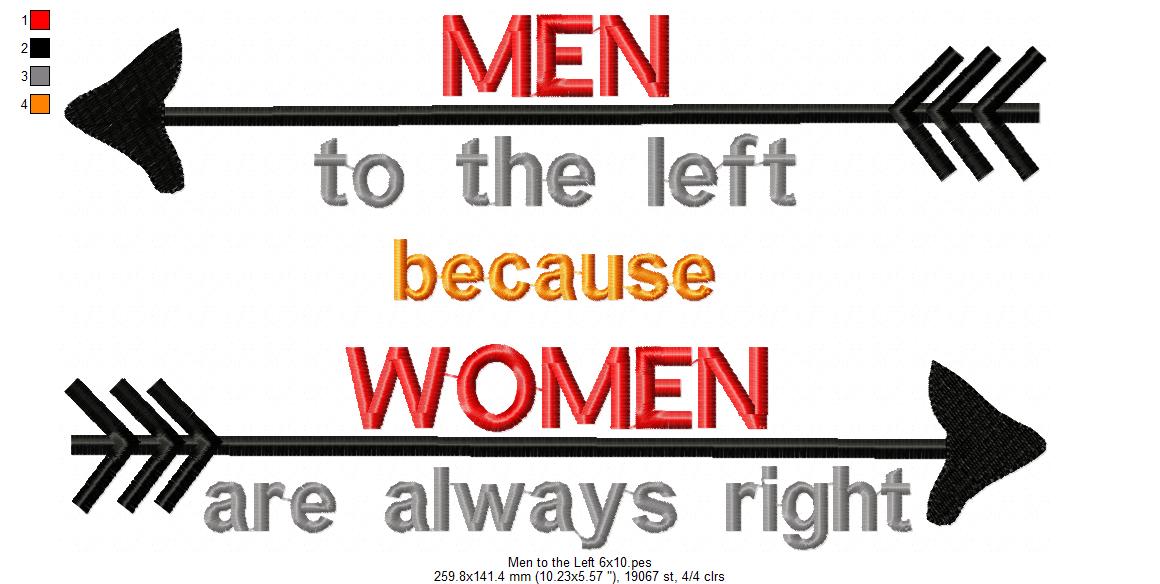 Funny Men to the Left Women Right – Satin Stitch - Machine Embroidery Design