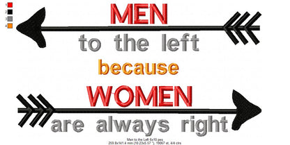 Funny Men to the Left Women Right – Satin Stitch - Machine Embroidery Design