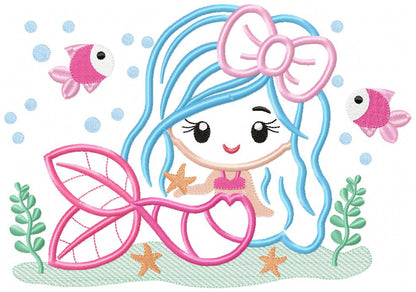 Mermaid with Bow - Applique - Machine Embroidery Design