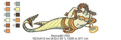 Vintage Mermaid  - Fill Stitch - Machine Embroidery Design