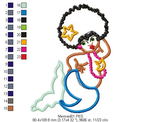 Cute Mermaid - Applique - Machine Embroidery Design
