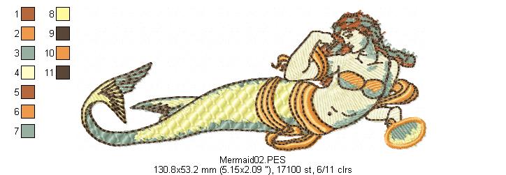 Vintage Mermaid  - Fill Stitch - Machine Embroidery Design