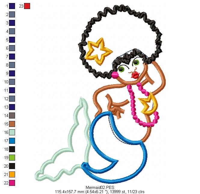 Cute Mermaid - Applique - Machine Embroidery Design