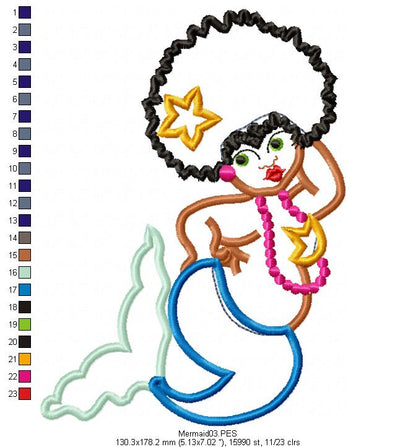 Cute Mermaid - Applique - Machine Embroidery Design