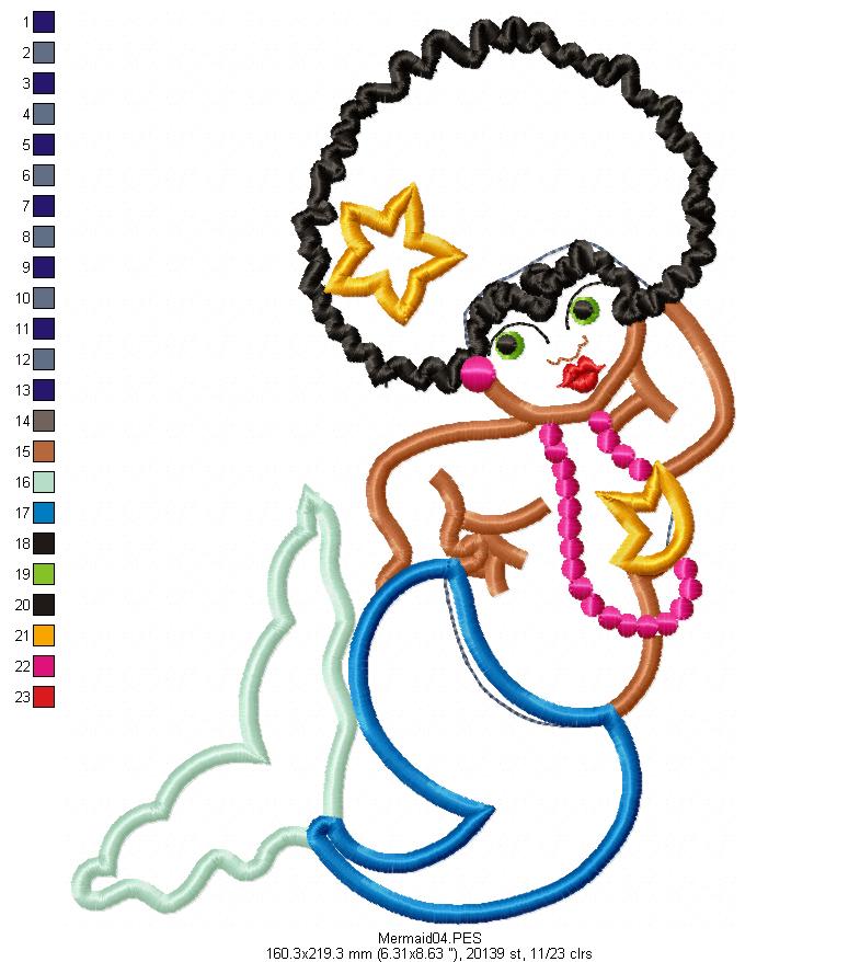 Cute Mermaid - Applique - Machine Embroidery Design