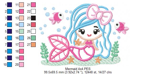 Mermaid with Bow - Applique - Machine Embroidery Design