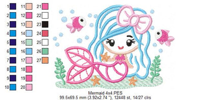 Cute Mermaid with Bow - Fill Stitch & Applique - Set of 2 designs