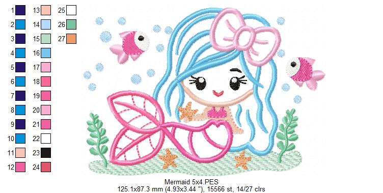 Mermaid with Bow - Applique - Machine Embroidery Design