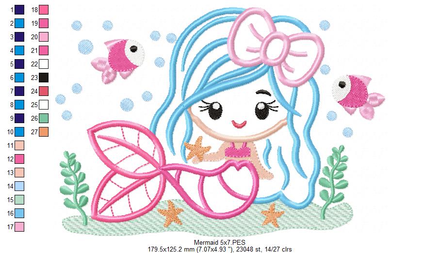 Cute Mermaid with Bow - Fill Stitch & Applique - Set of 2 designs