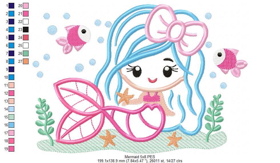 Cute Mermaid with Bow - Fill Stitch & Applique - Set of 2 designs