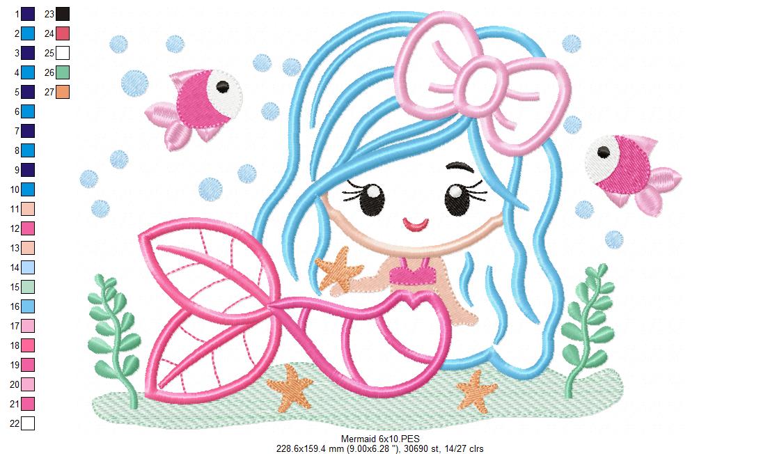 Mermaid with Bow - Applique - Machine Embroidery Design