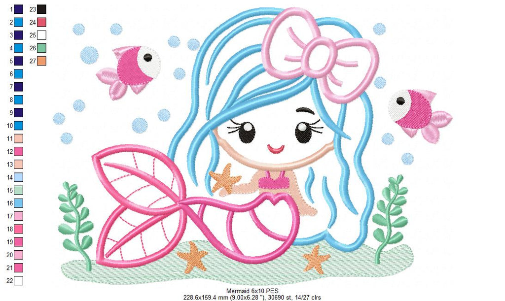 Cute Mermaid with Bow - Fill Stitch & Applique - Set of 2 designs