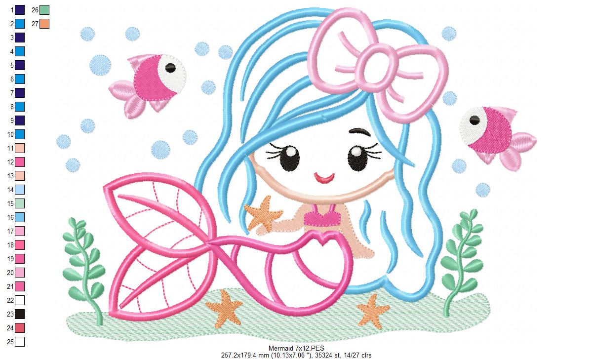 Cute Mermaid with Bow - Fill Stitch & Applique - Set of 2 designs