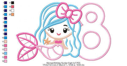 Mermaid Number 8 Eight 8th Eighth Birthday Number 8 - Applique
