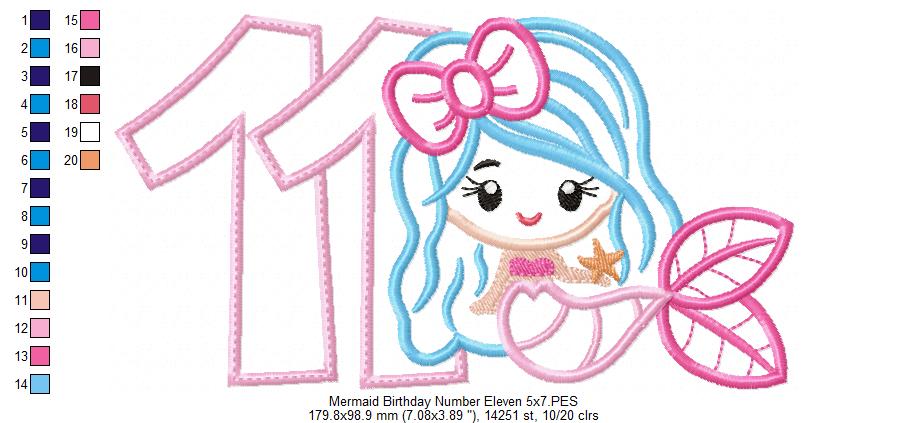Mermaid Number 11 Eleven 11th Eleventh Birthday Number 11 - Applique