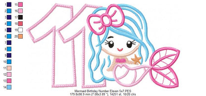 Mermaid Number 11 Eleven 11th Eleventh Birthday Number 11 - Applique