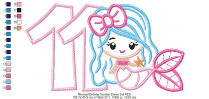 Mermaid Number 11 Eleven 11th Eleventh Birthday Number 11 - Applique