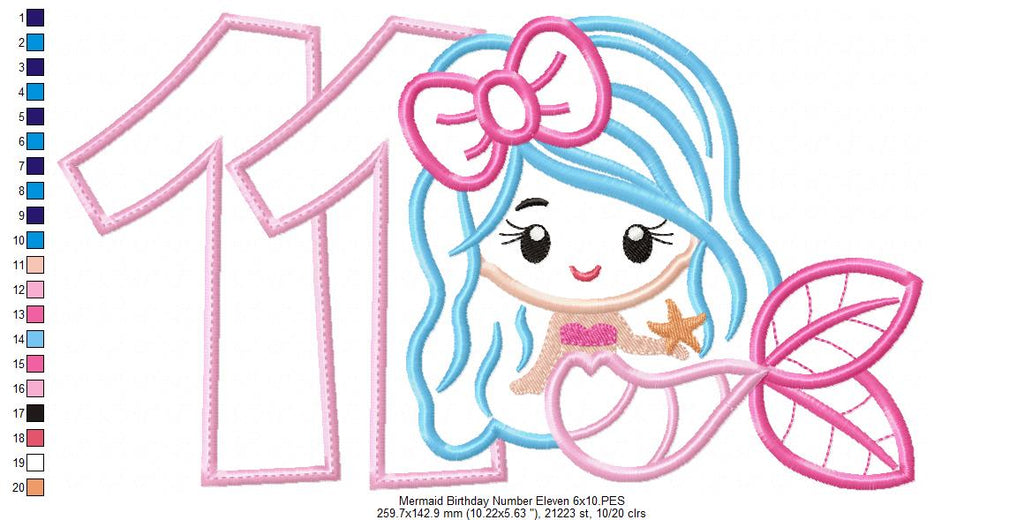 Mermaid Number 11 Eleven 11th Eleventh Birthday Number 11 - Applique
