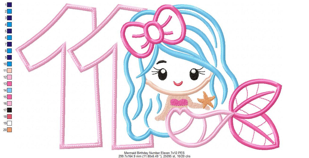 Mermaid Number 11 Eleven 11th Eleventh Birthday Number 11 - Applique