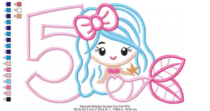 Mermaid Number 5 Five 5th Fifth Birthday Number 5 - Applique