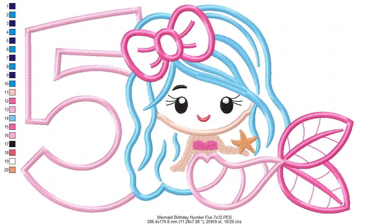 Mermaid Number 5 Five 5th Fifth Birthday Number 5 - Applique