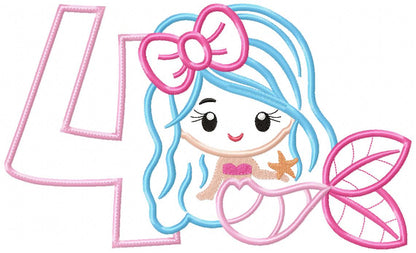 Mermaid Number 4 Four 4th Fourth Birthday Number 4 - Applique