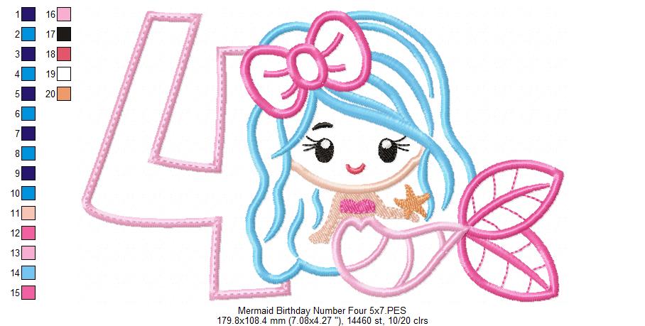 Mermaid Number 4 Four 4th Fourth Birthday Number 4 - Applique