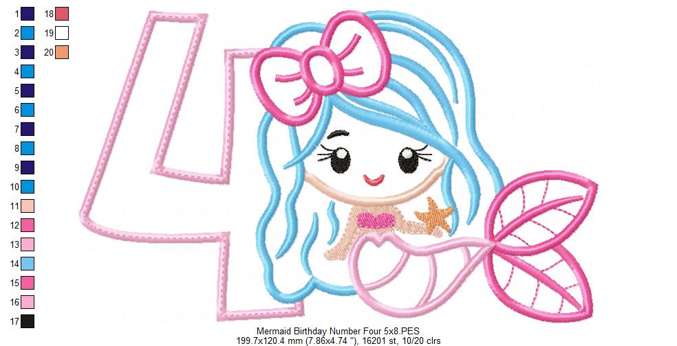 Mermaid Number 4 Four 4th Fourth Birthday Number 4 - Applique