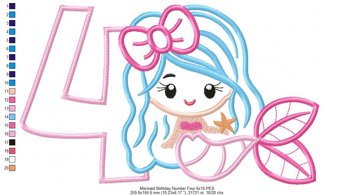 Mermaid Number 4 Four 4th Fourth Birthday Number 4 - Applique