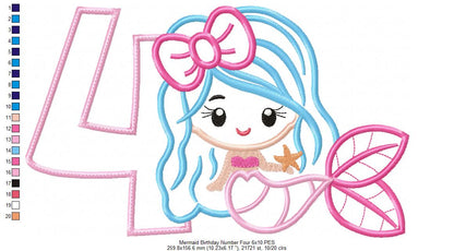 Mermaid Number 4 Four 4th Fourth Birthday Number 4 - Applique