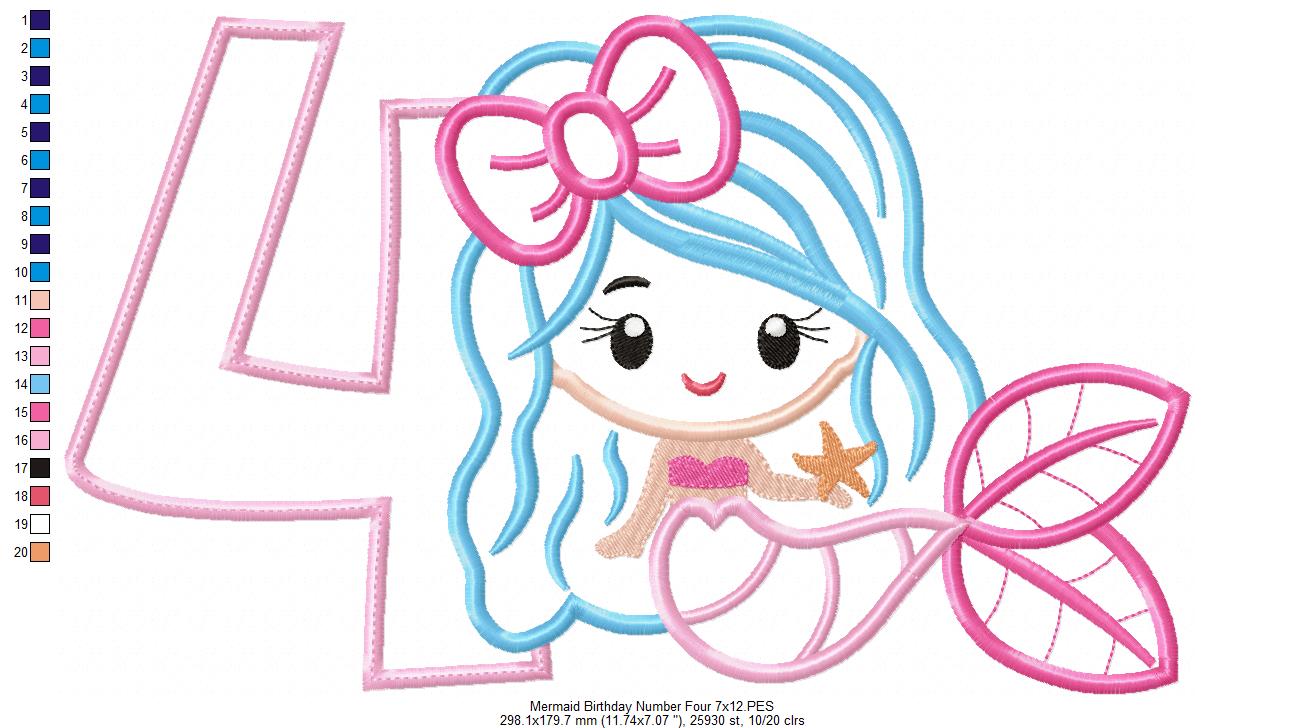 Mermaid Number 4 Four 4th Fourth Birthday Number 4 - Applique