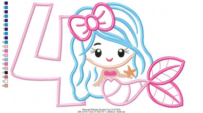 Mermaid Number 4 Four 4th Fourth Birthday Number 4 - Applique