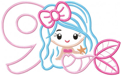 Mermaid Number 9 Nine 9th Nineth Birthday Number 9 - Applique