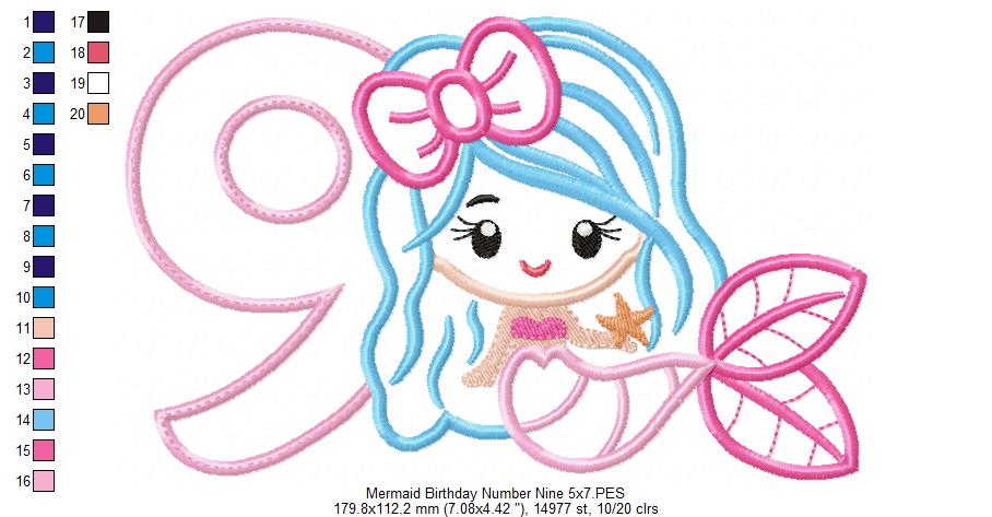 Mermaid Number 9 Nine 9th Nineth Birthday Number 9 - Applique