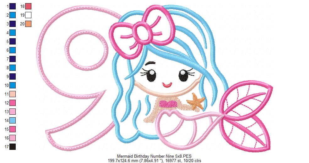 Mermaid Number 9 Nine 9th Nineth Birthday Number 9 - Applique