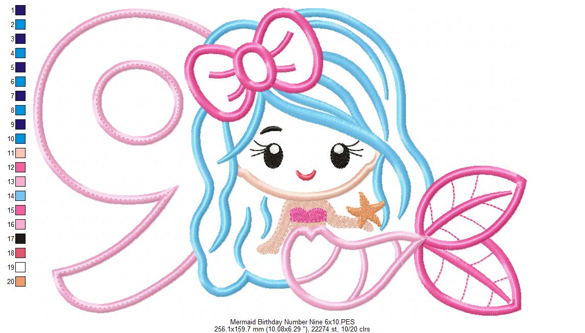Mermaid Number 9 Nine 9th Nineth Birthday Number 9 - Applique