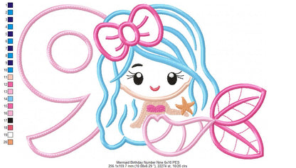 Mermaid Number 9 Nine 9th Nineth Birthday Number 9 - Applique