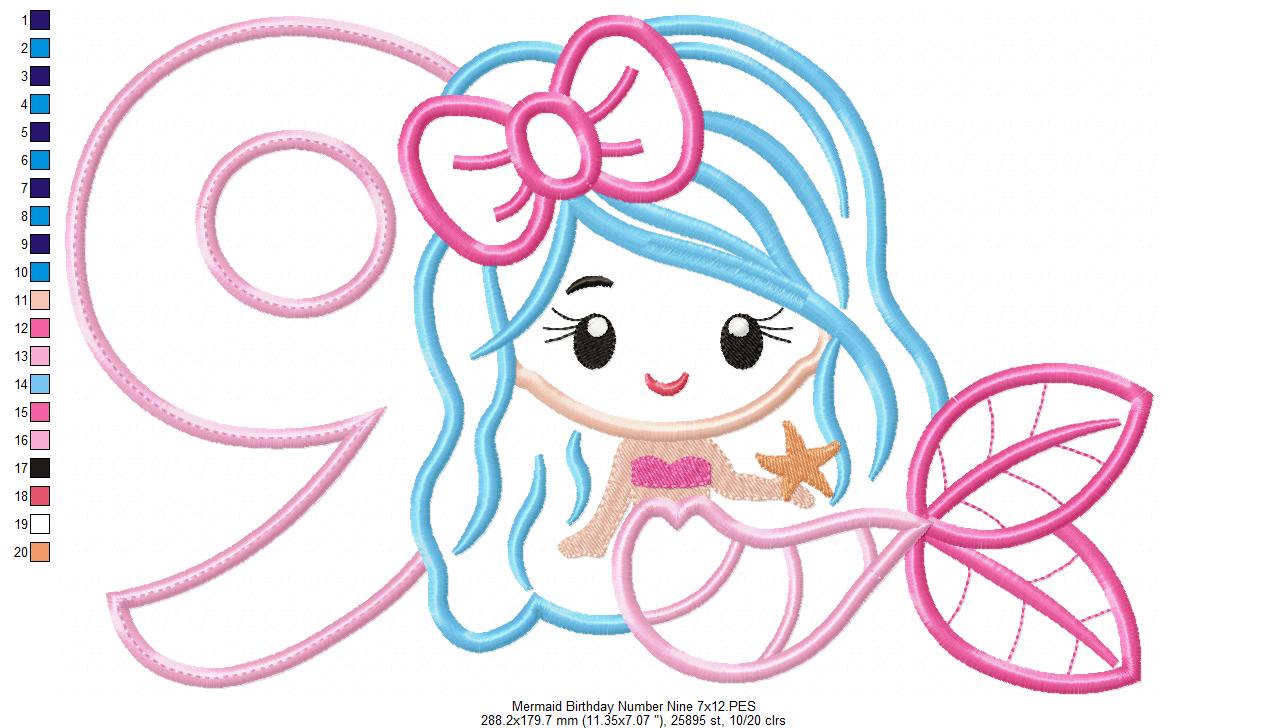 Mermaid Number 9 Nine 9th Nineth Birthday Number 9 - Applique