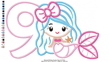 Mermaid Number 9 Nine 9th Nineth Birthday Number 9 - Applique