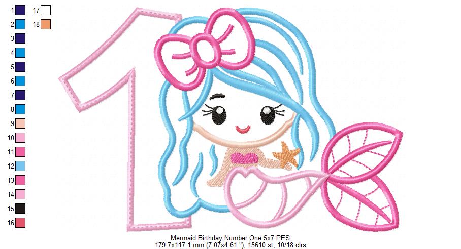 Mermaid 1st Birthday Number One - Applique