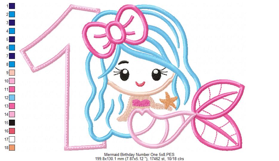 Mermaid 1st Birthday Number One - Applique