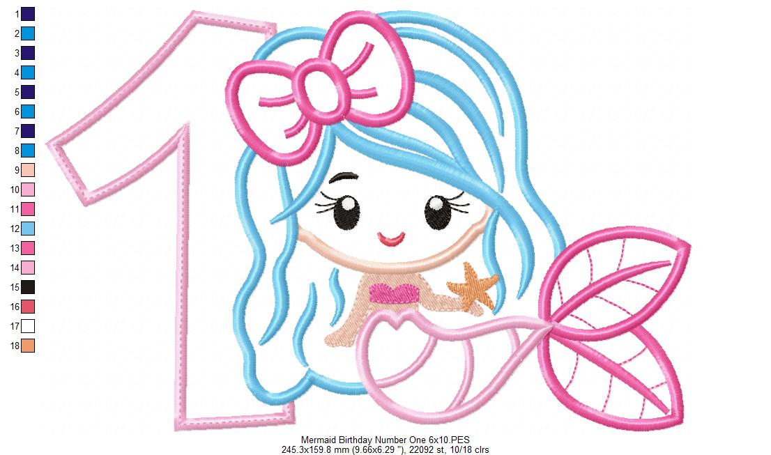 Mermaid 1st Birthday Number One - Applique